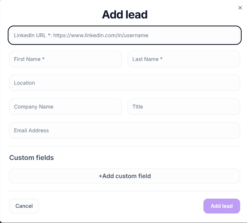 Add Lead form with LinkedIn URL, contact details, and custom fields