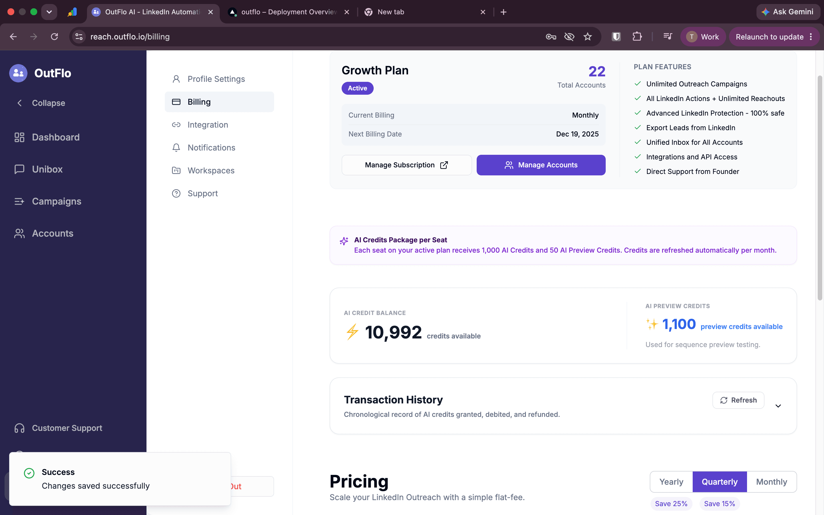 OutFlo Billing page showing AI Credit Balance and AI Preview Credits