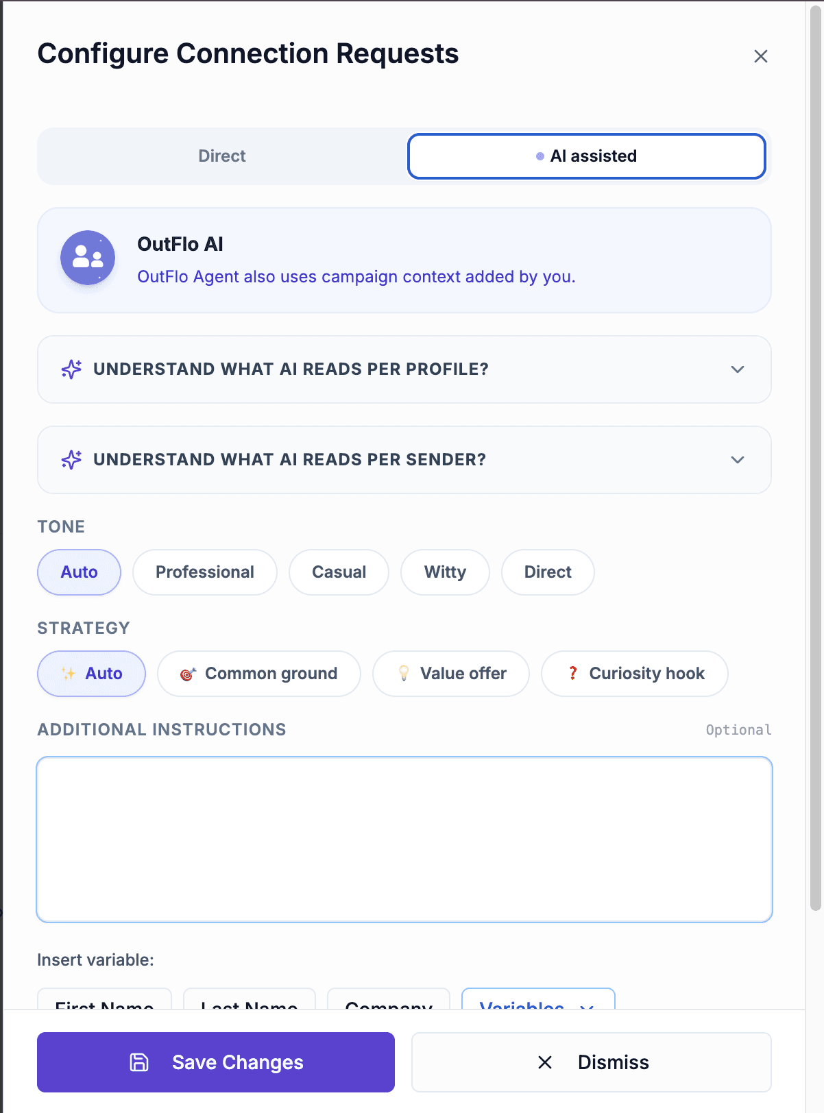 Configure Connection Requests panel with AI assisted mode selected, showing OutFlo AI options