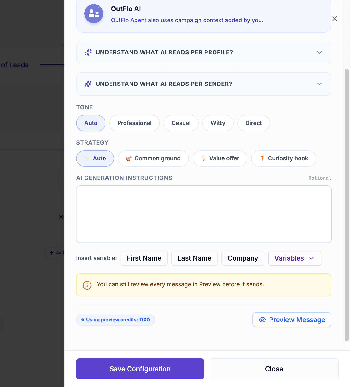 AI assisted campaign configuration showing preview credits and Preview Message button