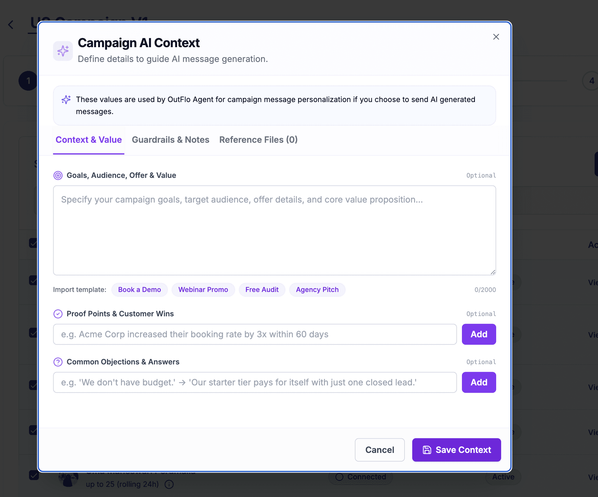 Campaign AI Context modal — Context & Value tab (empty state)