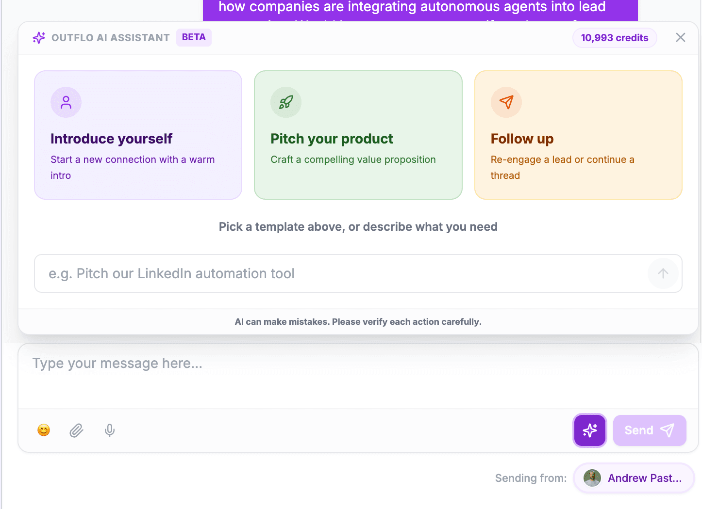 OutFlo AI Assistant panel with three templates: Introduce yourself, Pitch your product, Follow up