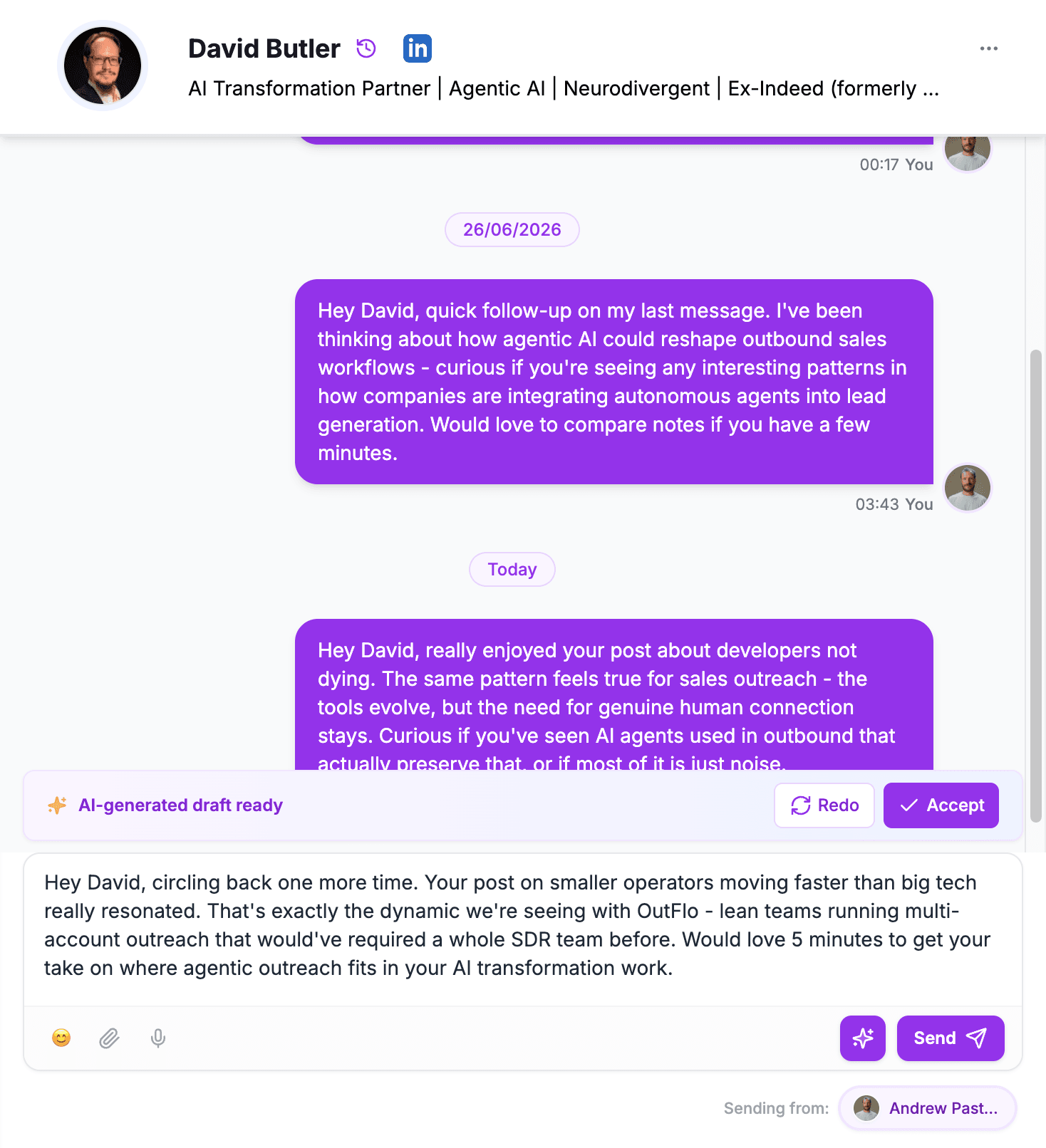 AI-generated draft ready in Unibox with Redo and Accept buttons
