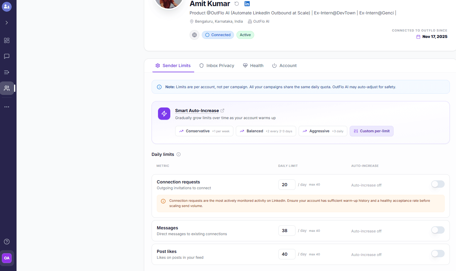 Sender account Daily limits in OutFlo