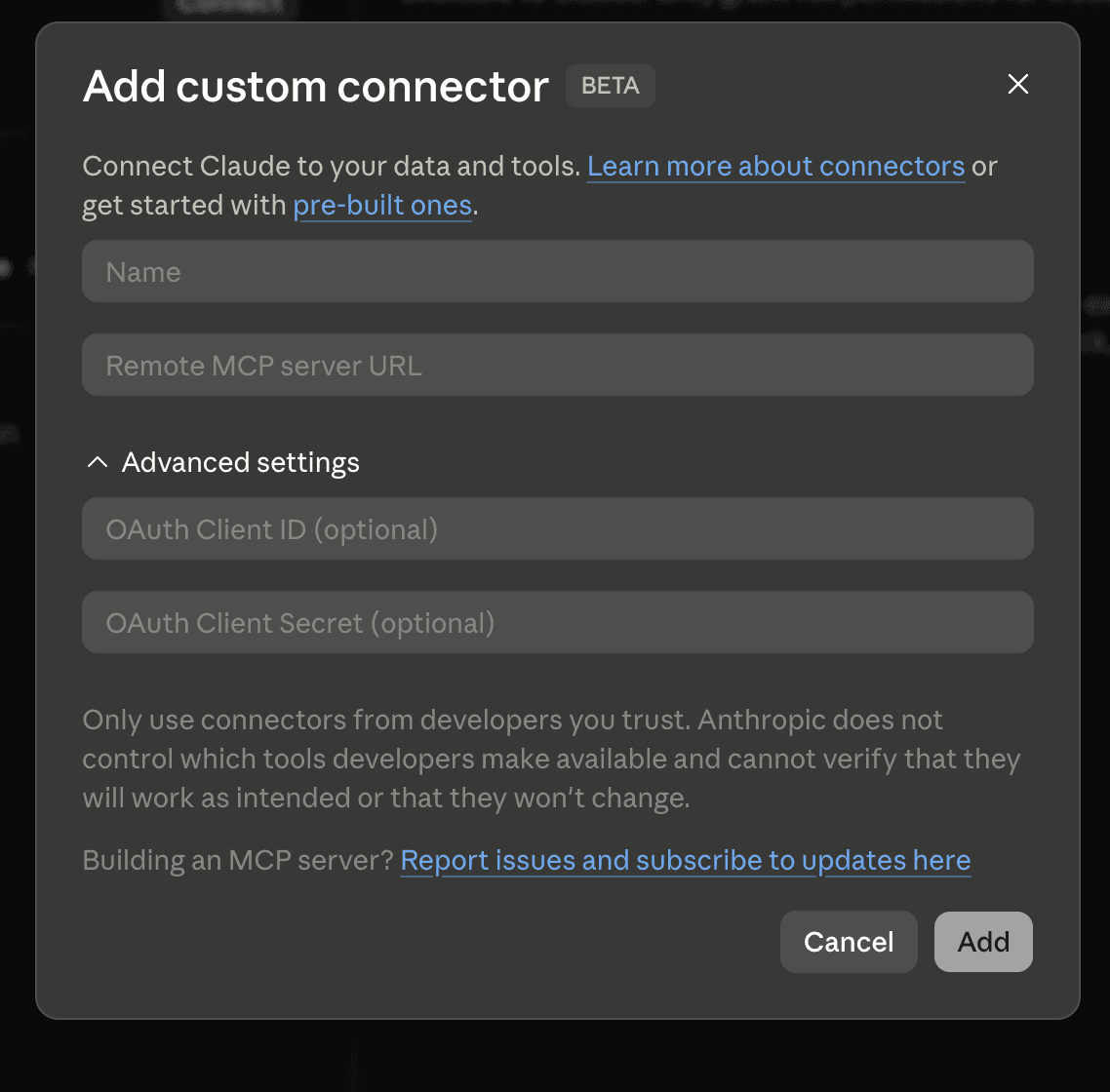 Add custom connector dialog