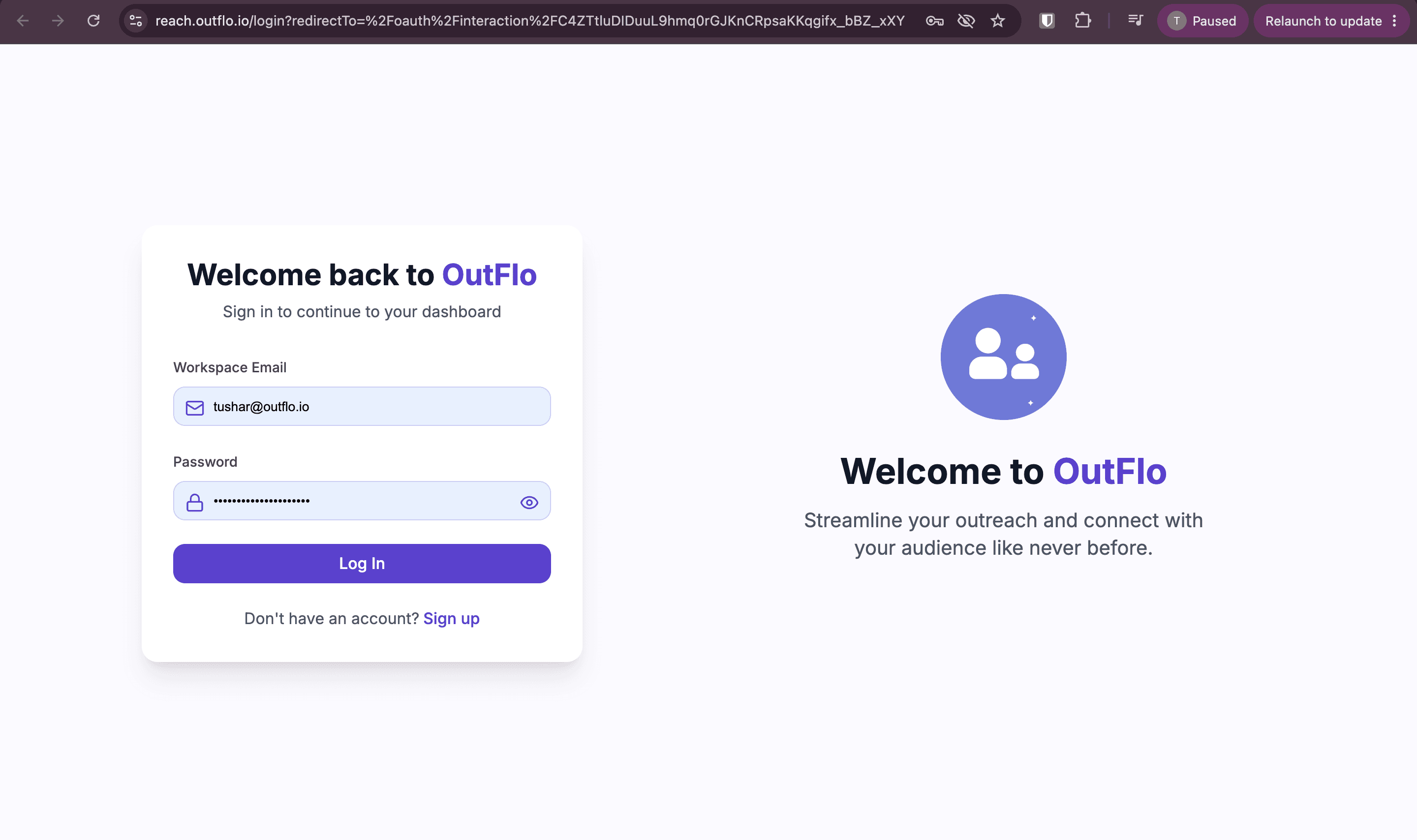 Outflo sign in screen