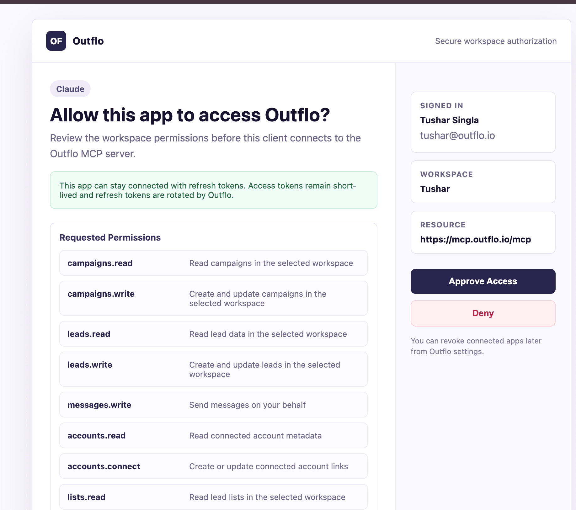 Outflo workspace authorization consent page