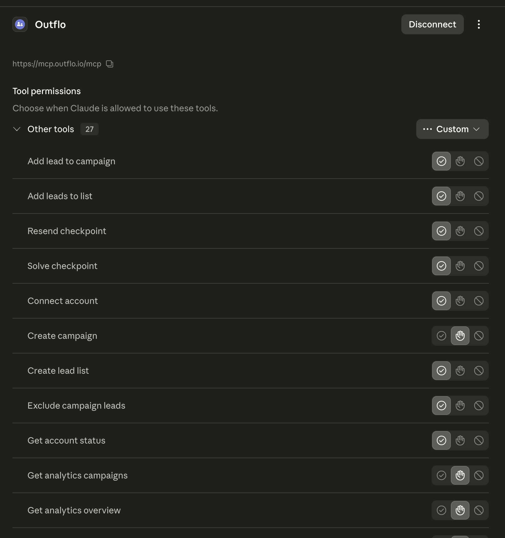 Outflo active connector tool permissions list
