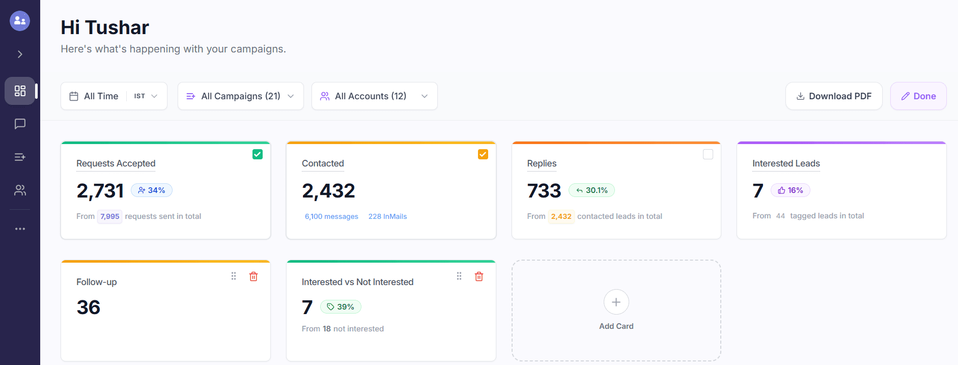 OutFlo Dashboard in edit mode with custom cards and an Add Card tile