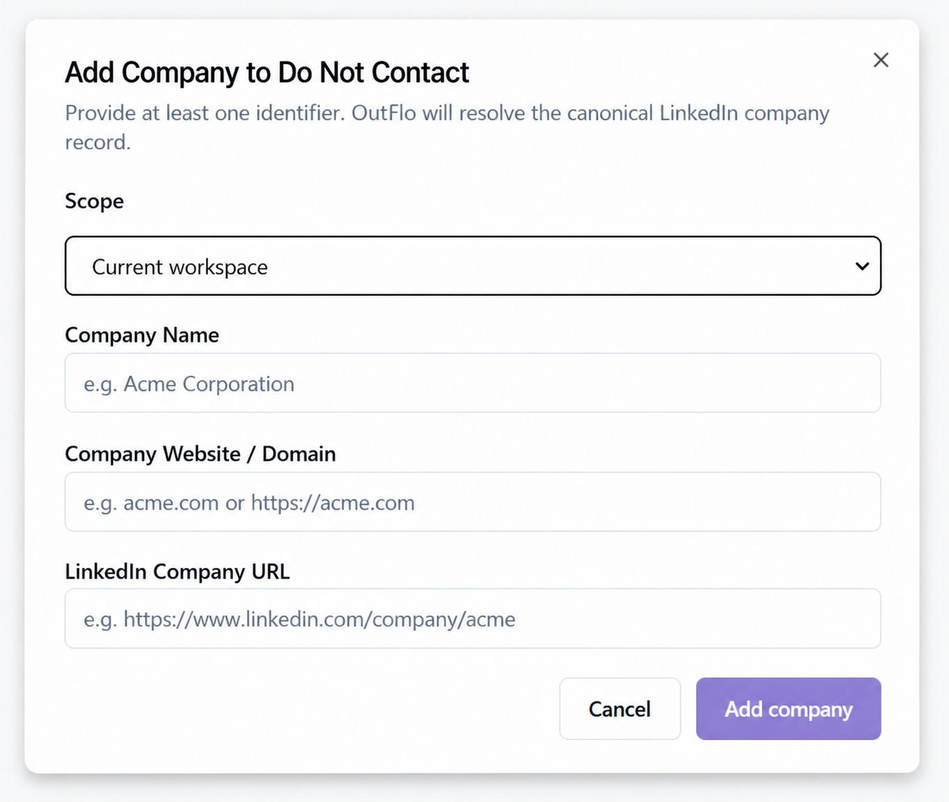 The Add Company to Do Not Contact modal with scope, company name, website or domain, and LinkedIn company URL fields