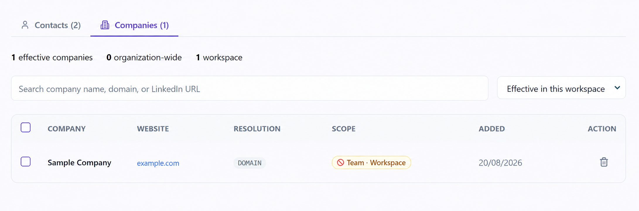 The OutFlo Companies tab showing an anonymized company entry, domain resolution, and workspace scope