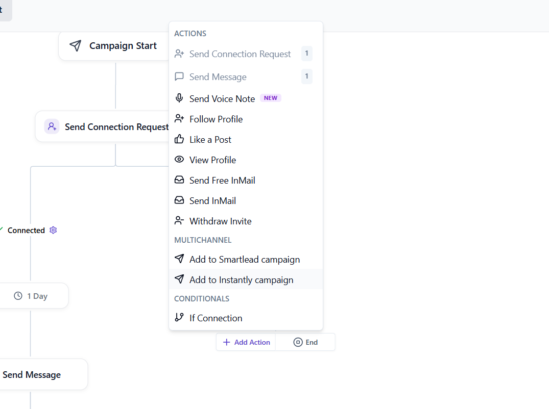 OutFlo campaign editor showing Add to Instantly campaign and Add to Smartlead campaign under Multichannel in the Add Action menu