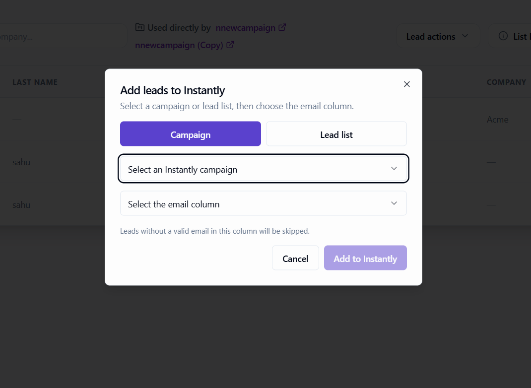 Add leads to Instantly dialog showing Campaign and Lead list options, a destination selector, and an email column selector