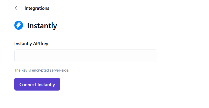 Instantly connection screen in OutFlo with the API key field and Connect Instantly button