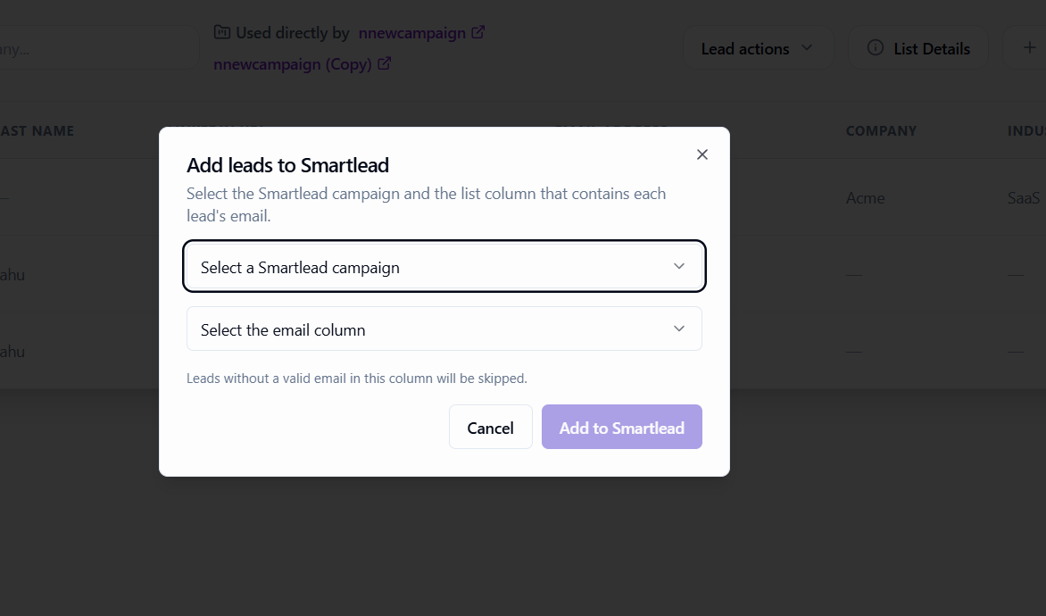 Add leads to Smartlead dialog with the campaign and email column selectors