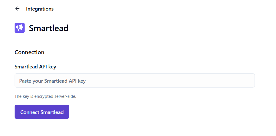 Smartlead connection screen in OutFlo with the API key field and Connect Smartlead button