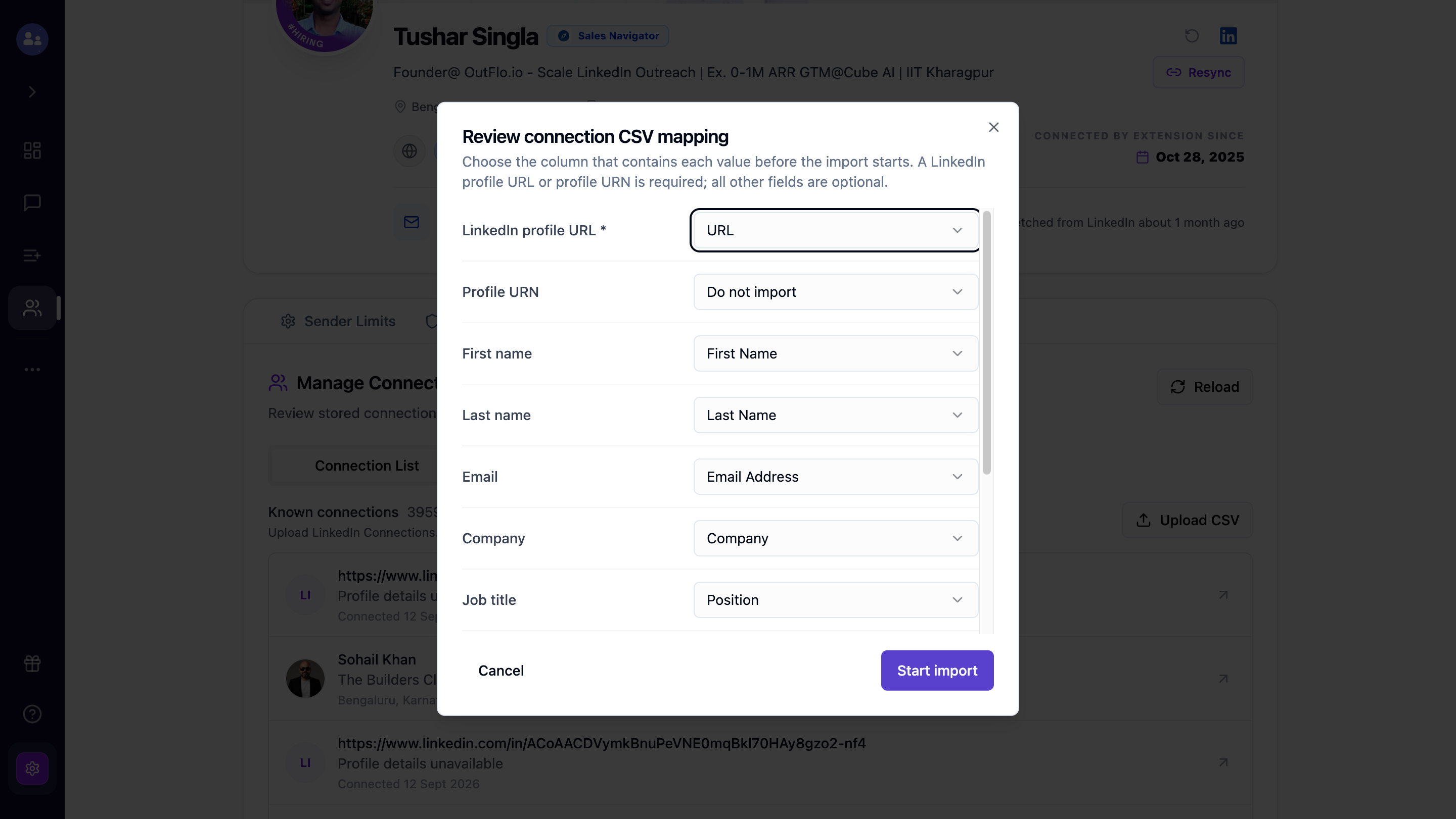 OutFlo CSV mapping dialog with LinkedIn profile URL required and optional profile fields