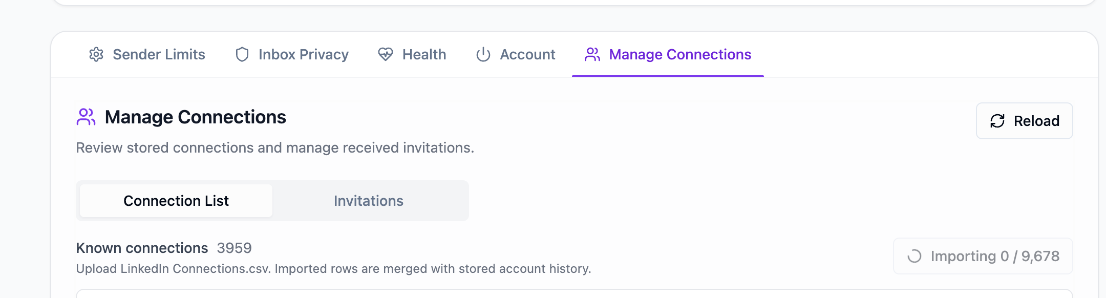 OutFlo Manage Connections page showing a connection import in progress