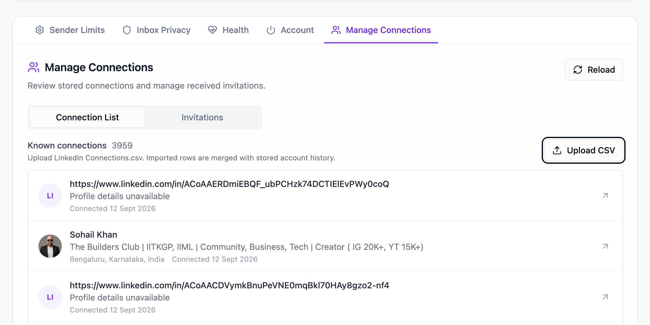 OutFlo Manage Connections tab showing the Connection List, known connection count, and Upload CSV action