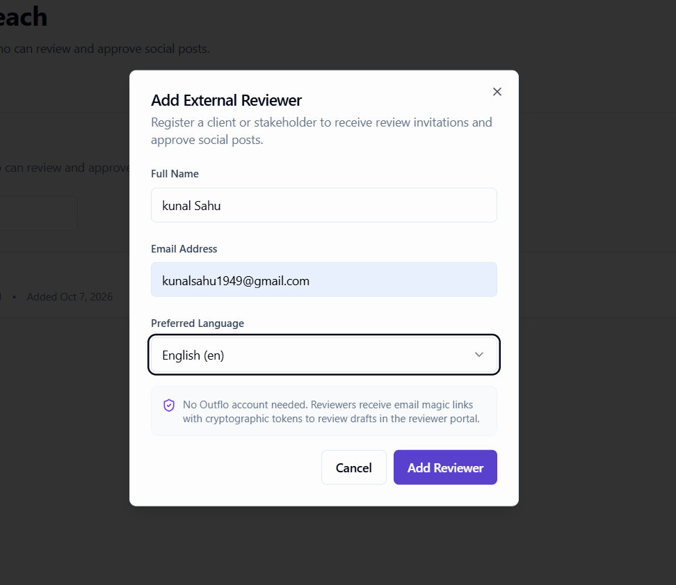 The Add External Reviewer form with Full Name, Email Address, Preferred Language, and Add Reviewer button