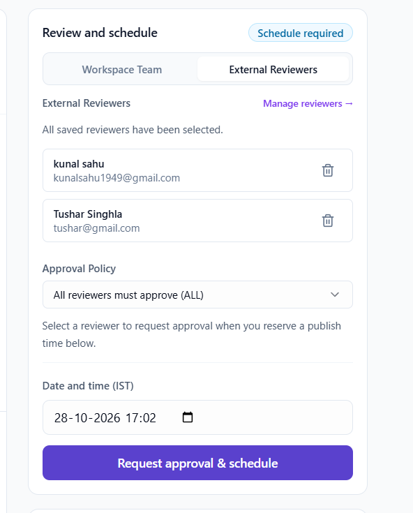 Two selected external reviewers with the All reviewers must approve approval policy