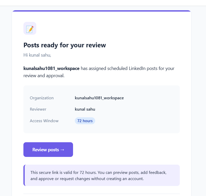 The Posts ready for your review invitation email with an access window and Review posts button