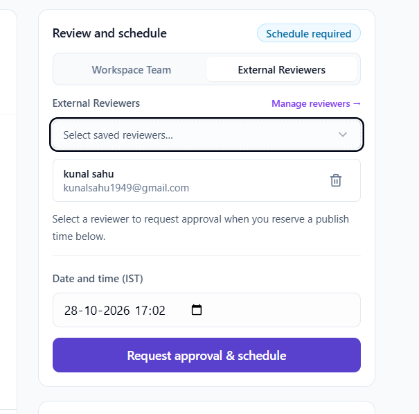 The Review and schedule panel with one external reviewer, a future date and time, and Request approval and schedule button