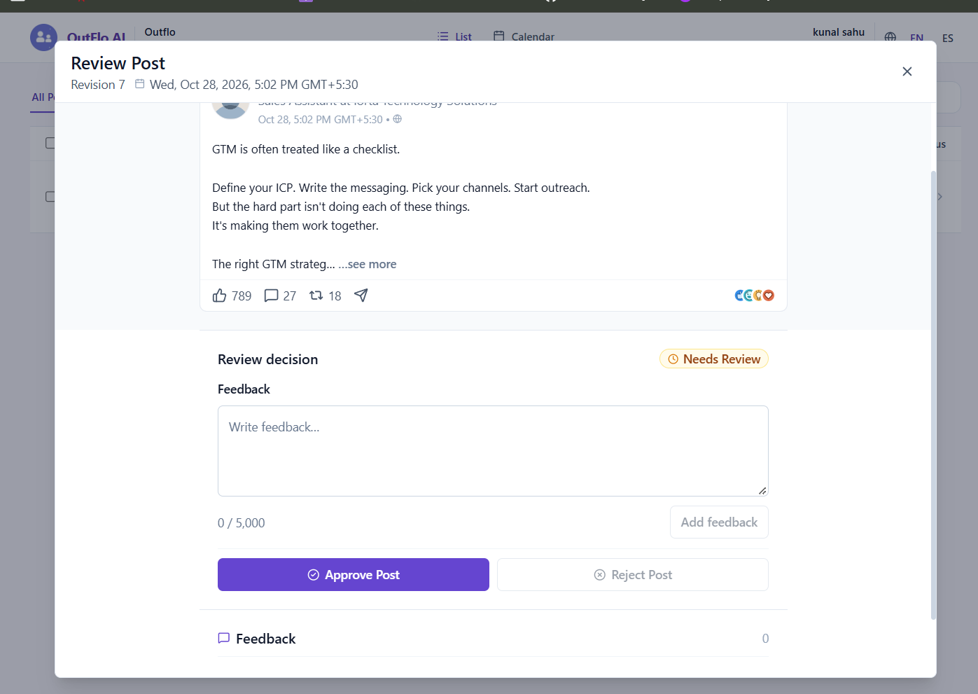 The Review Post window with a Feedback field, Add feedback, Approve Post, and Reject Post buttons