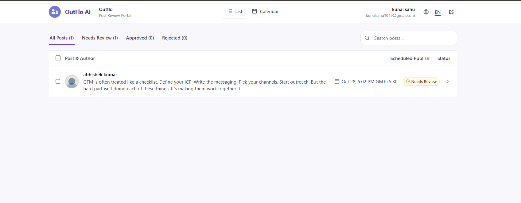 The reviewer portal list showing a LinkedIn post marked Needs Review and its scheduled publish time