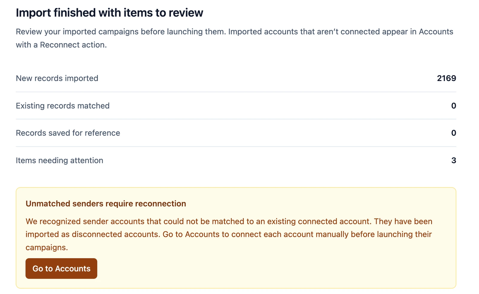 Completed HeyReach import showing the summary counts and an unmatched sender reconnection warning