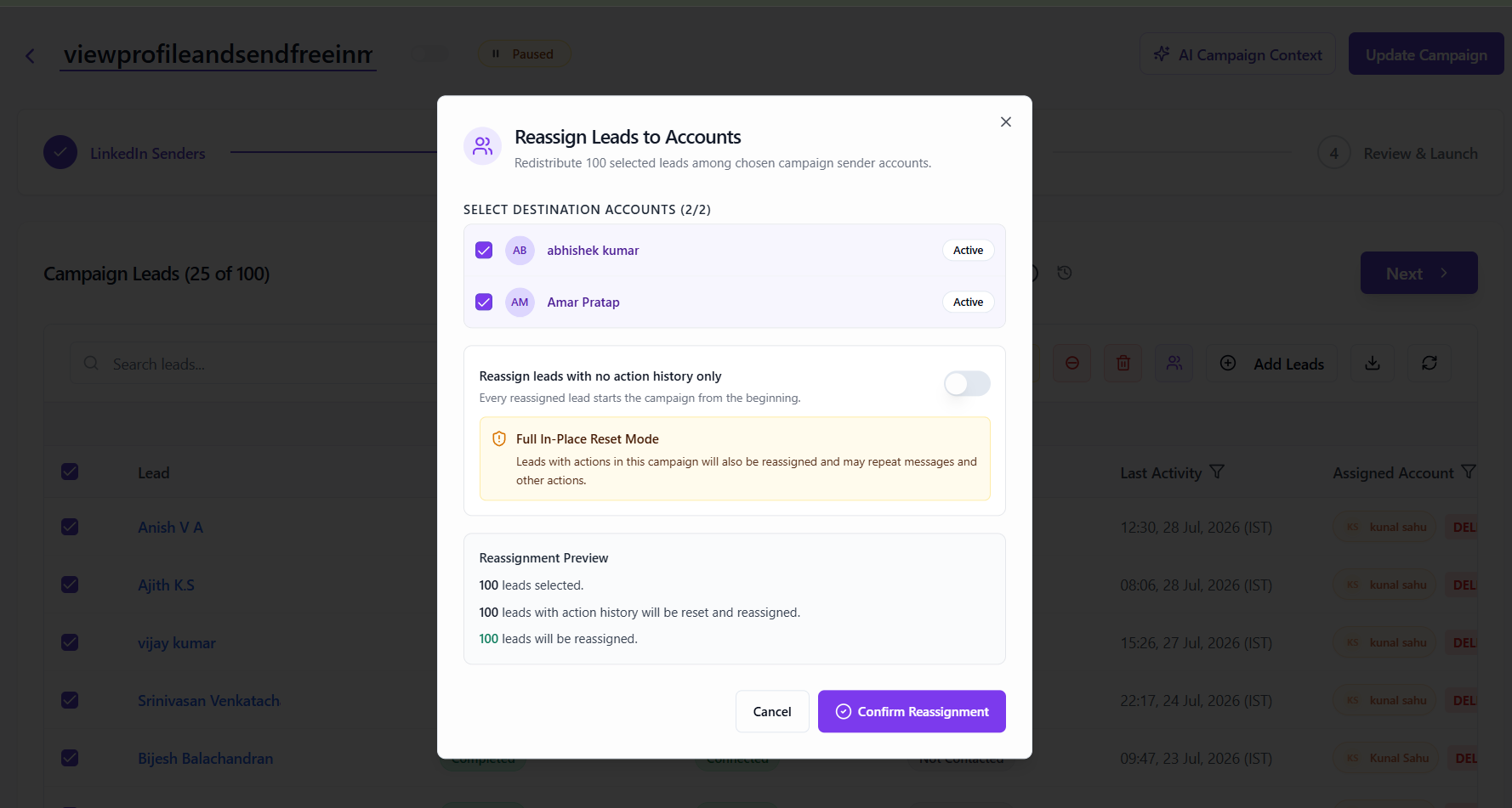 The Full In-Place Reset Mode warning shown when leads with action history will be reassigned
