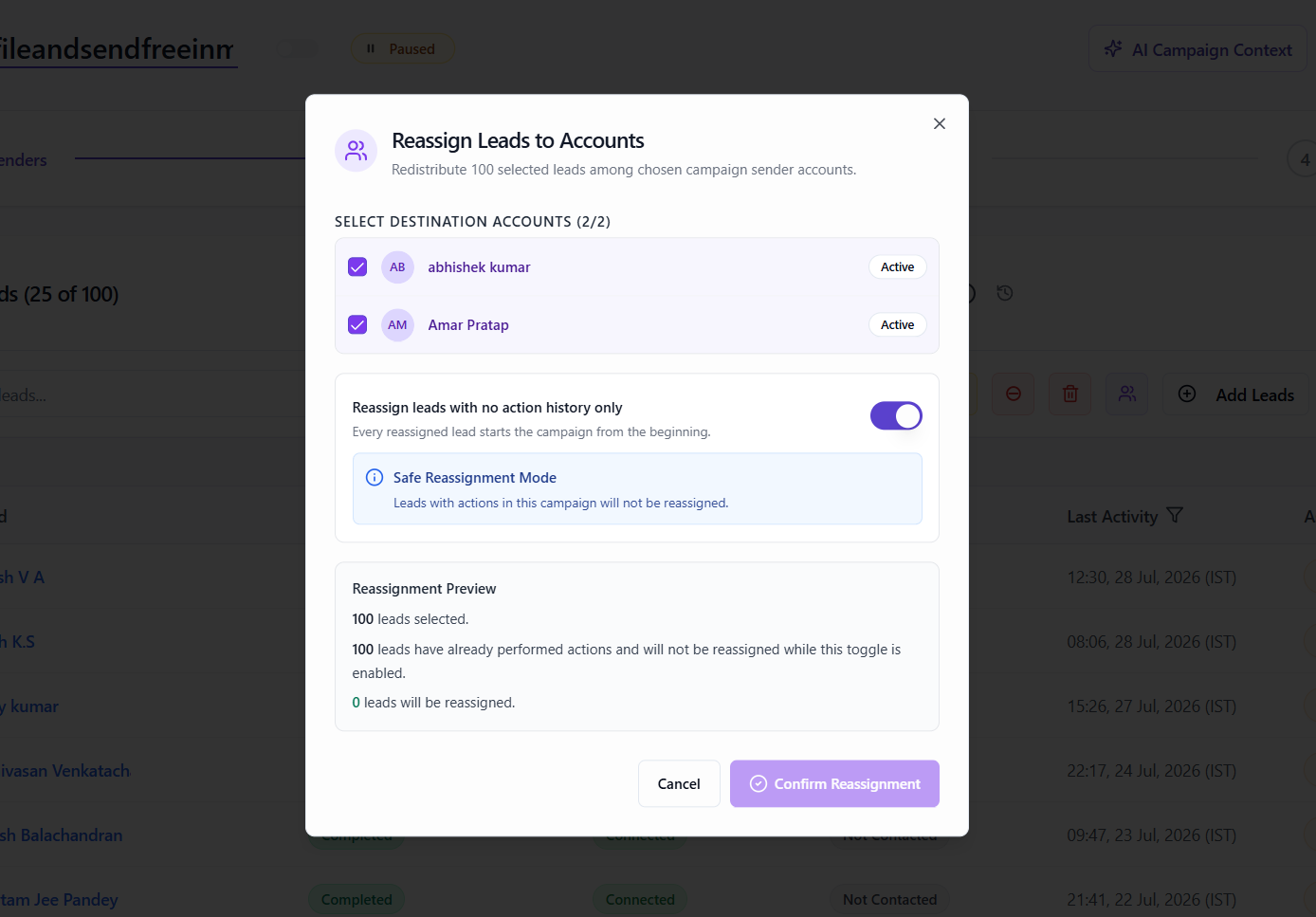 The Safe Reassignment Mode keeps leads with previous campaign actions in their current sender account