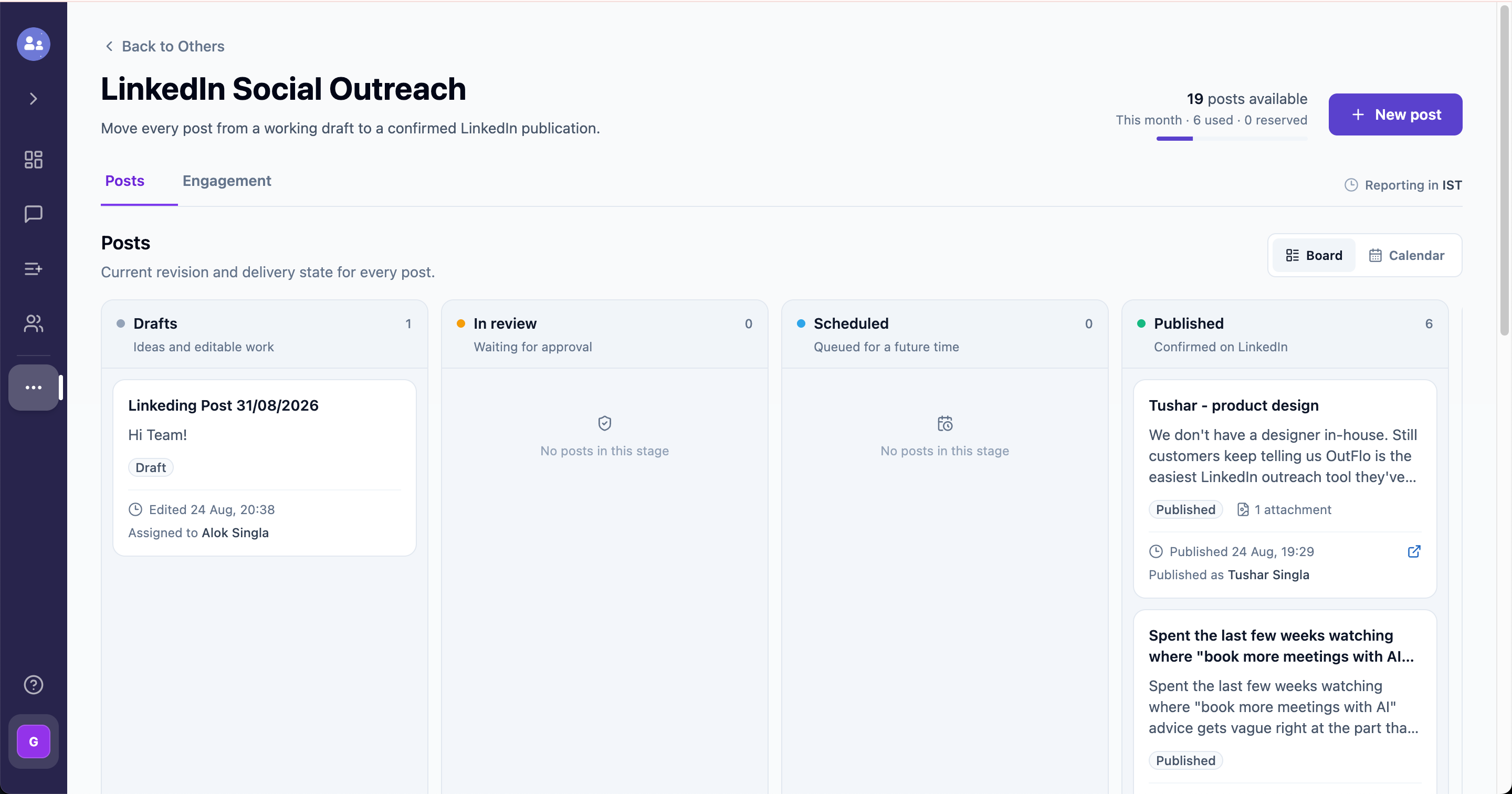 The LinkedIn Social Outreach posts board with Drafts, In review, Scheduled, and Published columns