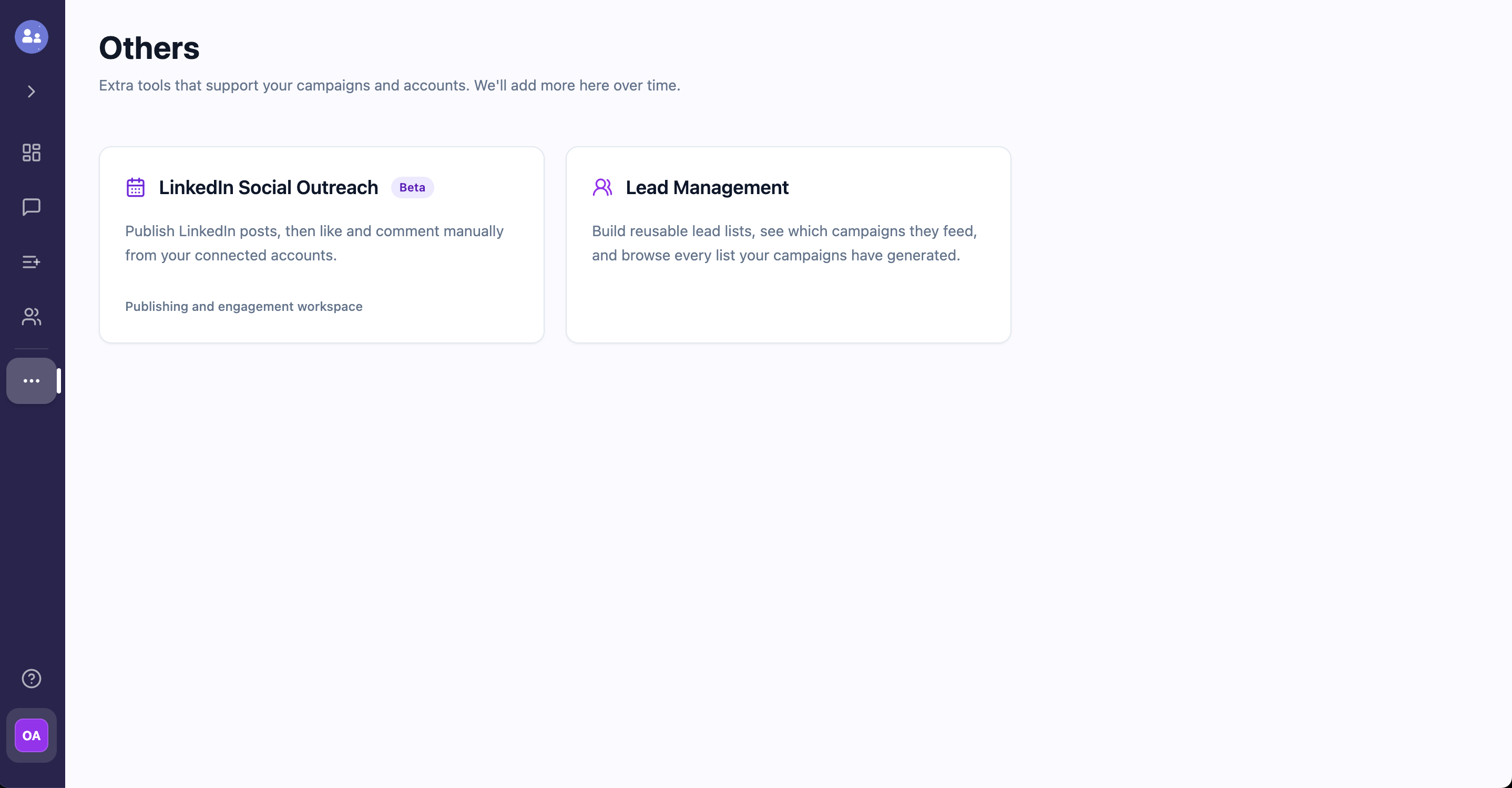 The OutFlo Others page showing the LinkedIn Social Outreach beta card