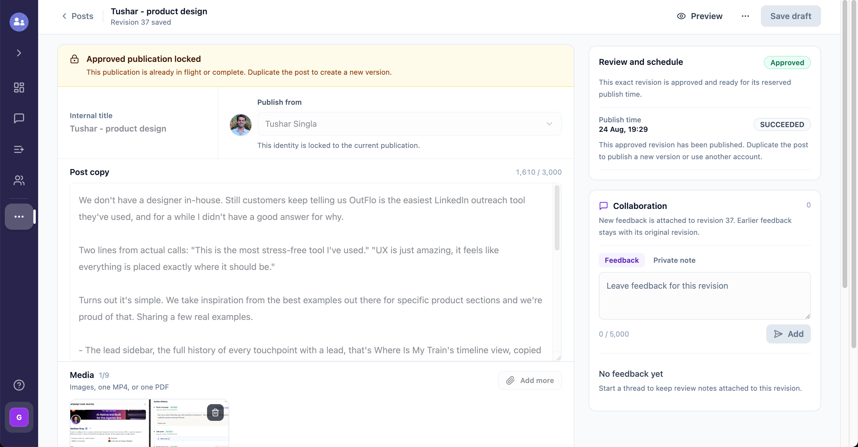 A completed OutFlo publication detail showing Approved, Succeeded, and the locked revision