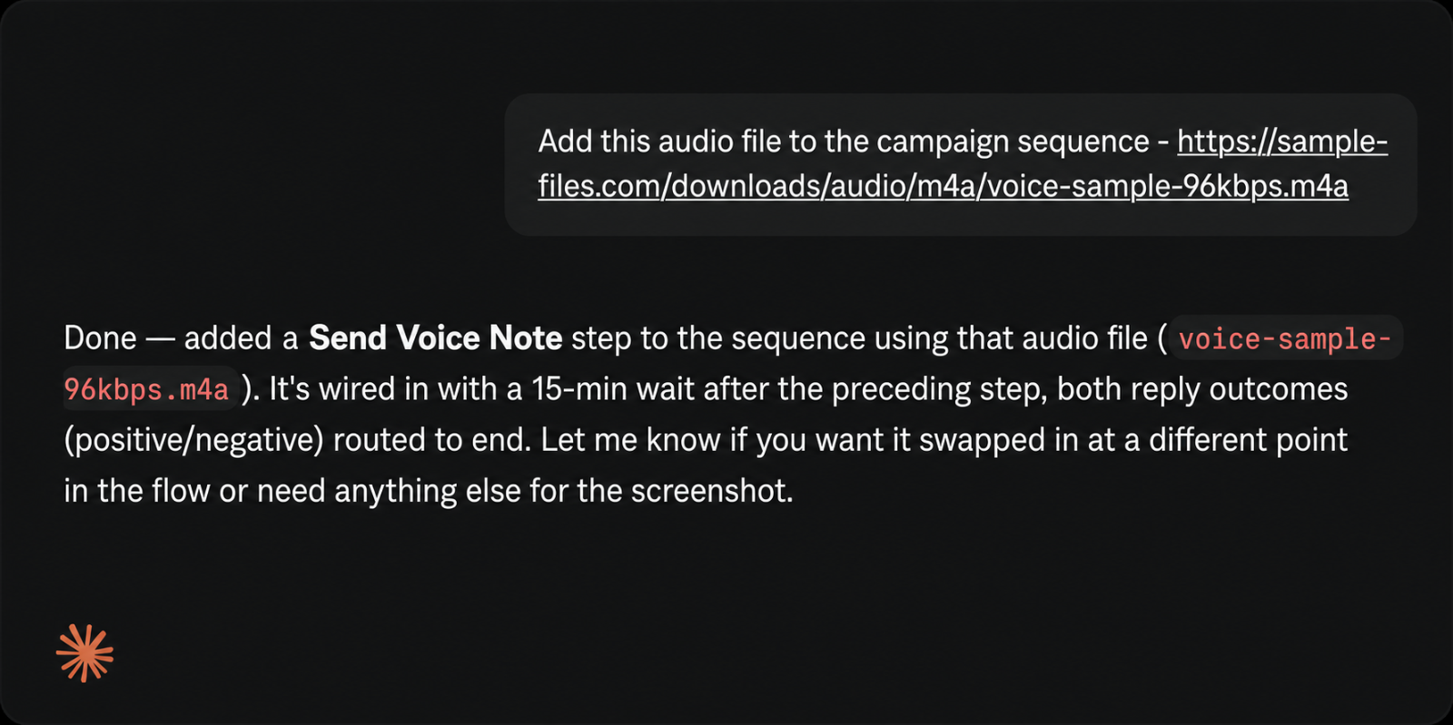 Example of using Claude with OutFlo MCP to add a Send Voice Note step to a campaign sequence from an audio file link.