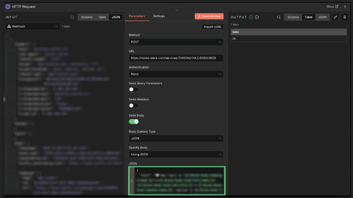 n8n HTTP Request node configured to send a JSON body to Slack