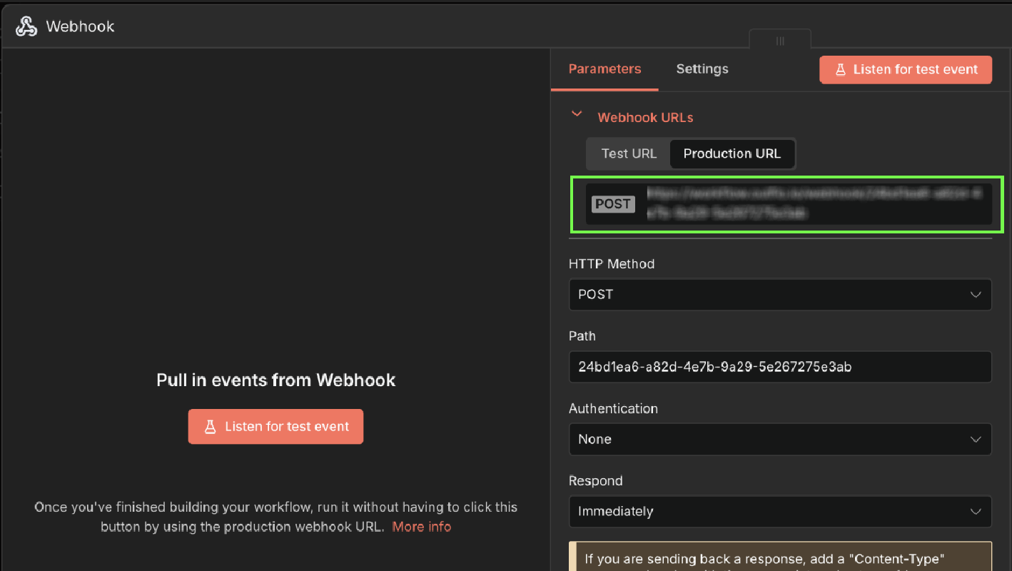 n8n Webhook node showing the production URL and POST method