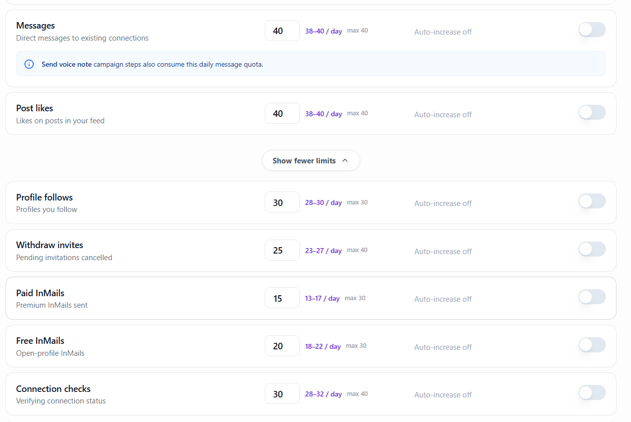 OutFlo expanded sender limits for messages, post likes, profile follows, invite withdrawals, InMails, and connection checks