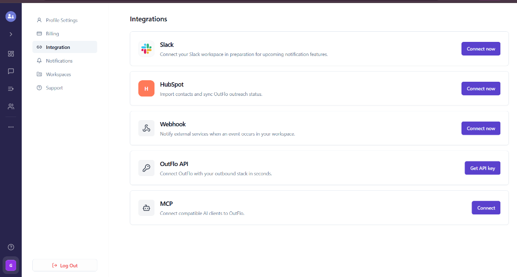 OutFlo Integrations page showing the Slack integration card