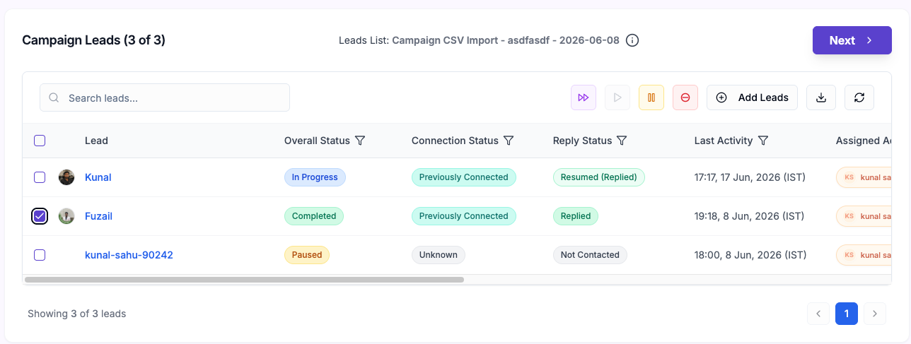 Campaign lead list with selectable replied lead and resume action
