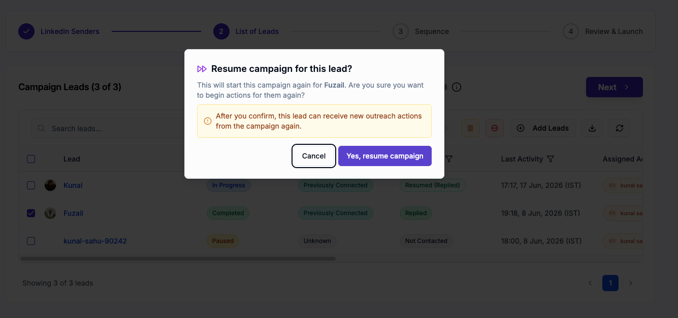 Confirmation modal before resuming a lead from the campaign page