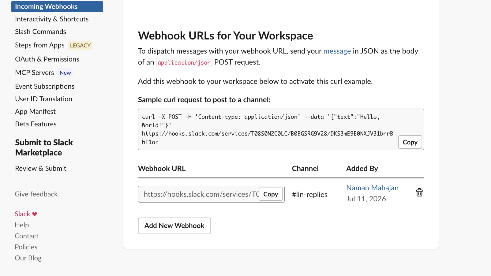 Slack Incoming Webhooks page showing a channel webhook URL