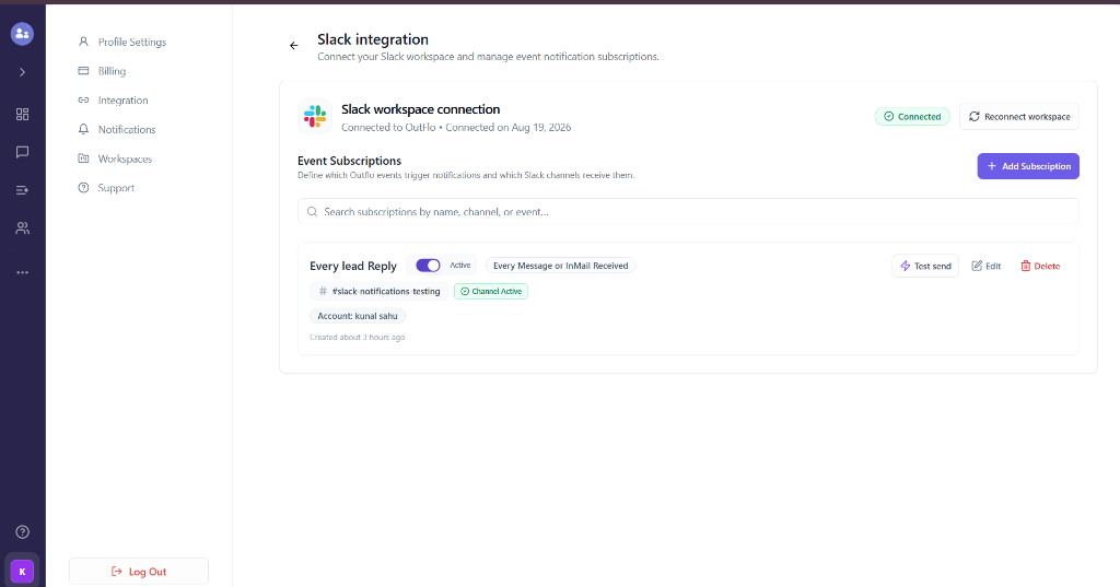 Managing event subscriptions, channel routing, and test delivery in OutFlo