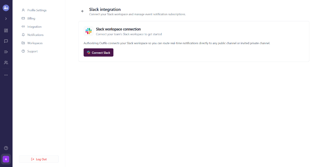 Slack workspace connection screen in OutFlo
