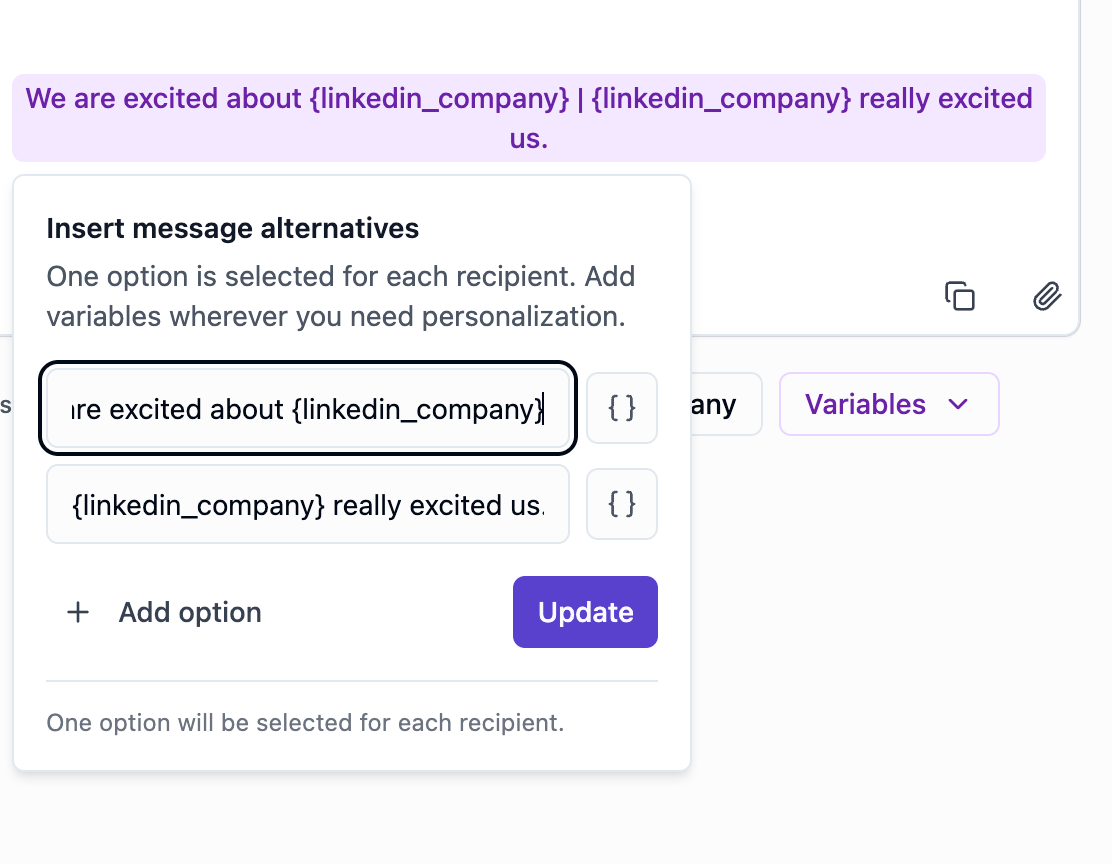 Add LinkedIn or list variables inside each spintax option