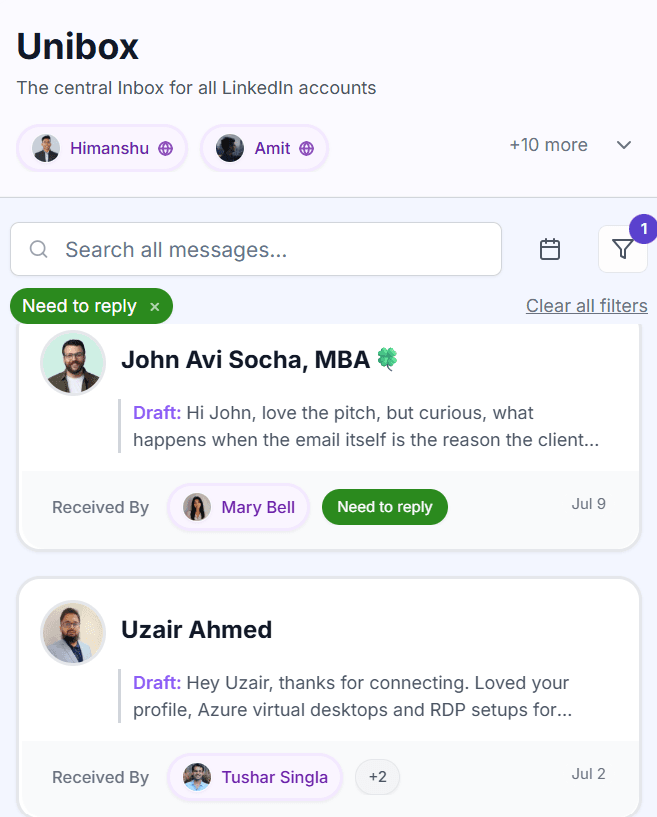 Unibox showing saved draft previews on threads tagged Need to reply