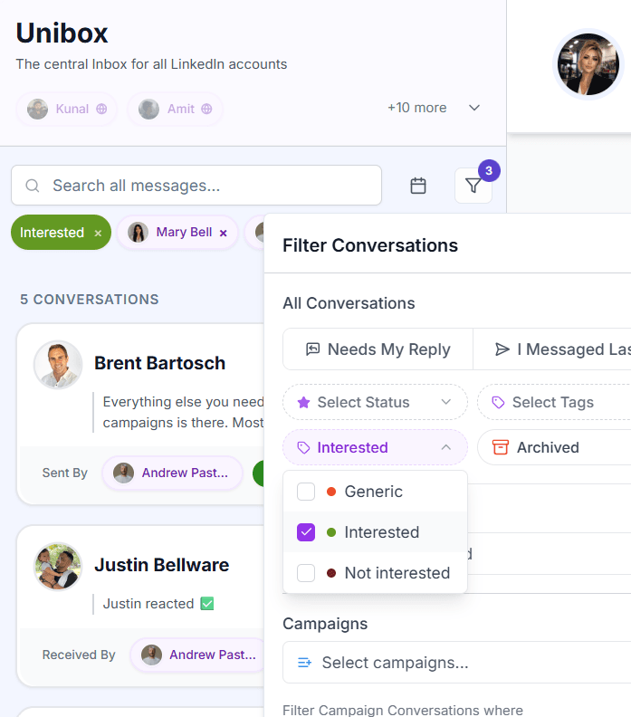 Unibox filter panel showing Interested, Generic, and Not interested statuses
