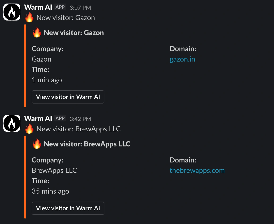 Warm AI visitor alerts in our Slack channel, with company names, domains, visit times and a View visitor in Warm AI button.
