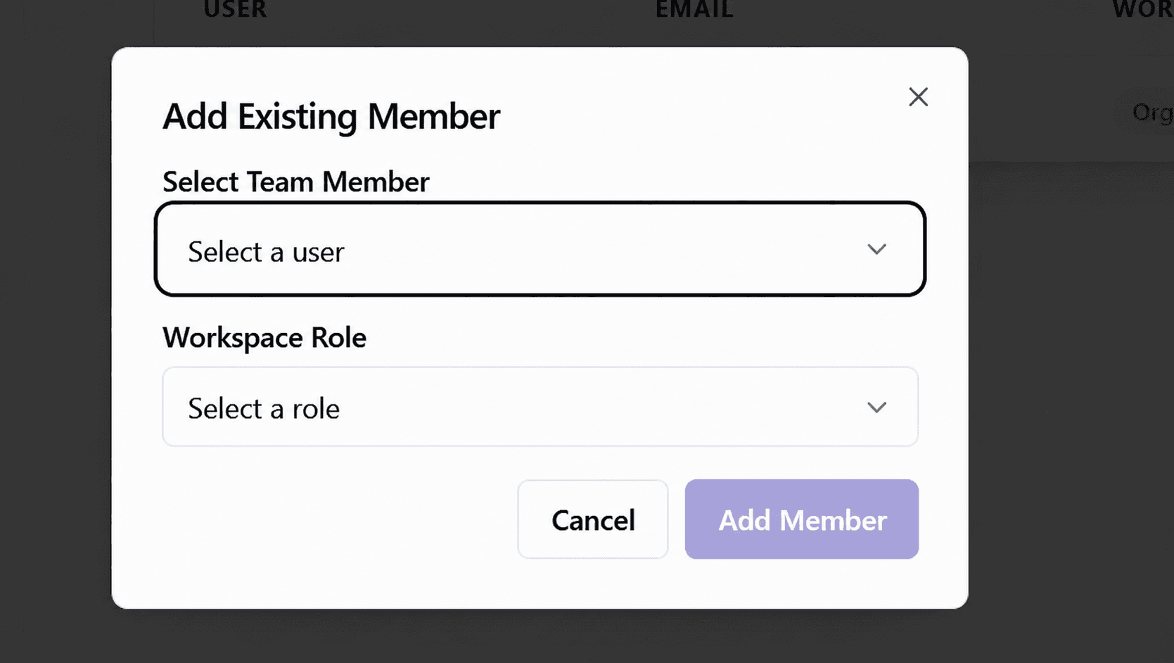 Add Existing Member dialog with team member and role selectors